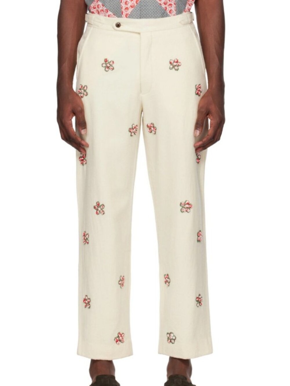 Bode Ecru Floral Embroidered Wool Dauber Trouser Pants NWT $1250, Size 26